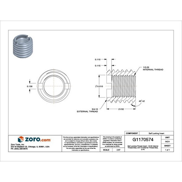 Heavy Wall Self Locking Thread Insert, 1/2"-20 Int Thrd Sz, 18-8 Stainless Steel, 5 PK