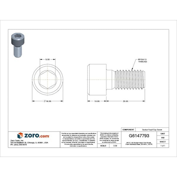 M10-1.50 Socket Head Cap Screw, Socket, Plain 316 Stainless Steel, 20 mm Length, 50 PK