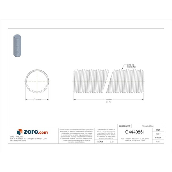 Fully Threaded Rod, 9-16"-18, 3 ft, Steel, Grade A, Black Oxide Finish  U20360.056.3600