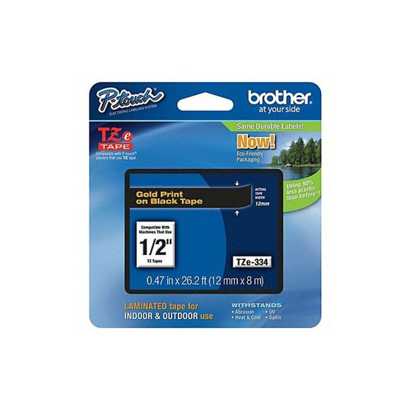 Brother Adhesive TZ Tape (R) Cartridge 0.47"x26-1/5ft., Gold/Black TZE334G
