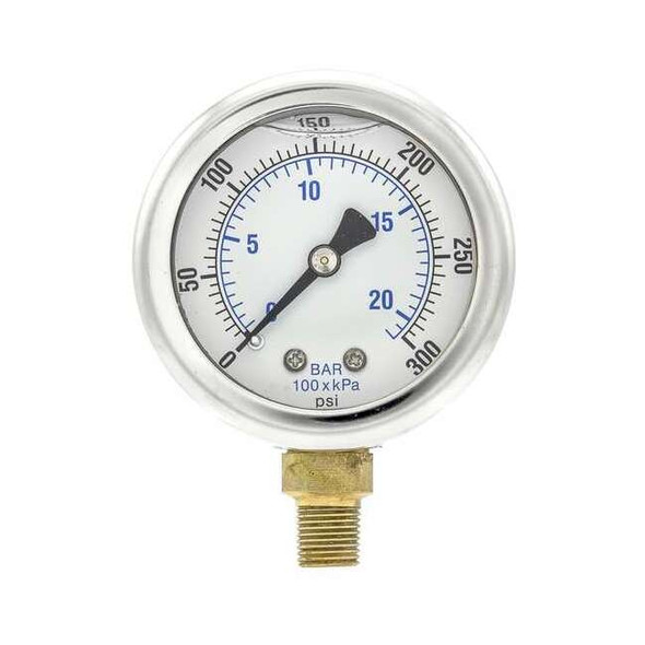 Industrial Pressure Gauge, 0 to 300 psi, 2 in Dial, 1/8 in NPT, Bottom Location