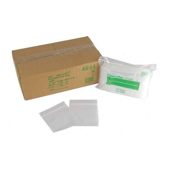 Reclosable Bag, Zip Seal, 4 in L, 4 in W, 4 mil Thick, Polyethylene, Clear