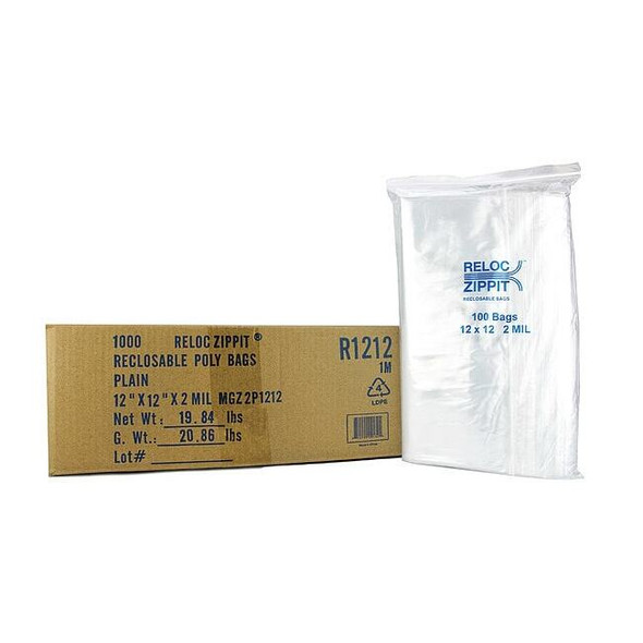 Reclosable Bag, Zip Seal, 12 in L, 12 in W, 2 mil Thick, Polyethylene, Clear