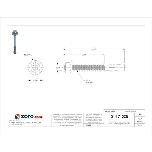 Red Head Trubolt Wedge Anchor, 3/4" Dia., 8-1/2" L, 18-8 Stainless Steel Plain, 10 PK WW-3484