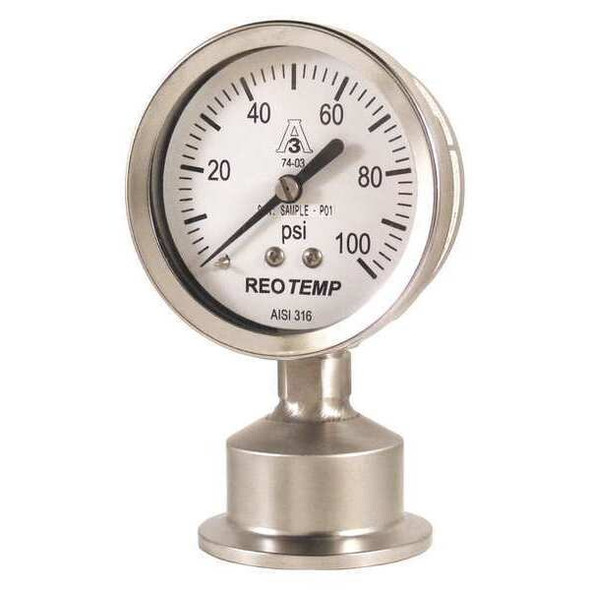 Pressure Gauge, 0 to 100 psi, 2 1/2 in Dial, 1 1/2 in Tri-Clamp, Bottom Location