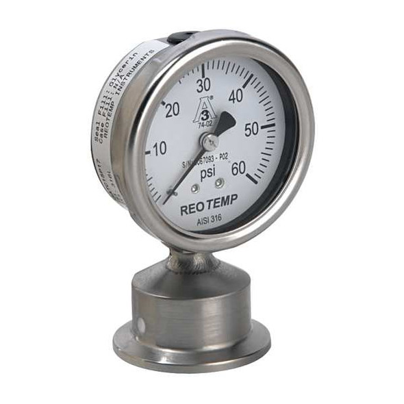 Pressure Gauge, 0 to 100 psi, 2 1/2 in Dial, 1 1/2 in Tri-Clamp, Bottom Location