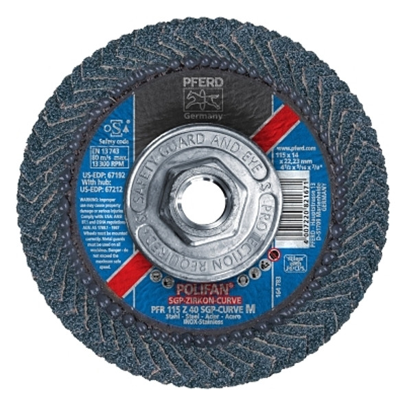 POLIFAN® SGP Zircon-Curve Radial Type PFR Flap Disc, 7 in x 5/16 in, 40 Grit, 5/8 in-11 Arbor, 8,600 RPM