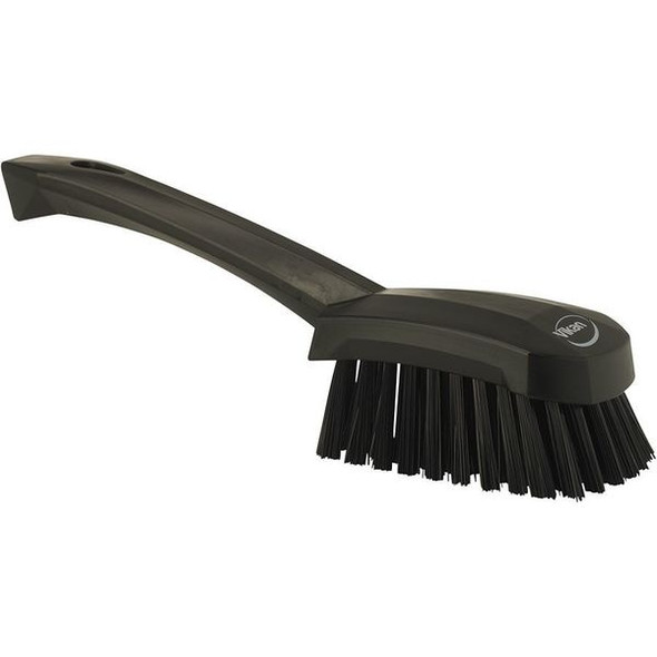 3 in W Scrub Brush, Stiff, 5 57/64 in L Handle, 4 1/2 in L Brush, Black, Plastic, 10 in L Overall