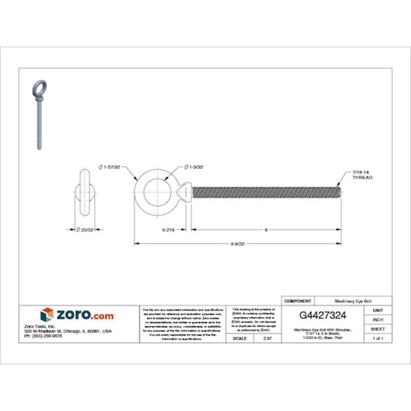 Eye Bolt With Shoulder, 7-16"-14, 6 in Shank, 1-3-32 in ID, Steel, Plain  K2024-6