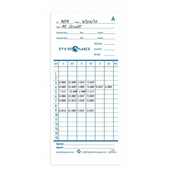 Pyramid Time Card,White,7 7-16in H,PK100 42415