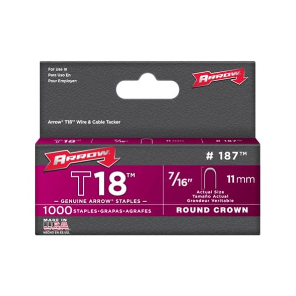 Arrow Fastener Heavy Duty Staples, 18 ga, Round Crown, 7/16 in Leg L, Steel, 1000 PK 187