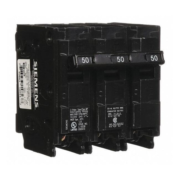 Miniature Circuit Breaker, Q Series, 50A, 3 Pole, 240V AC, 10kA at 120V AC