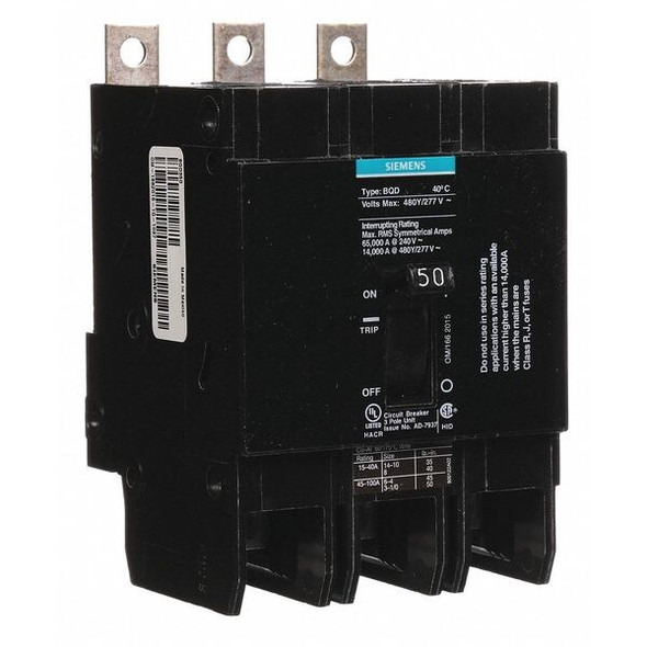 Miniature Circuit Breaker, BQD Series, 50A, 3 Pole, 480V AC, 14kA at 480V AC