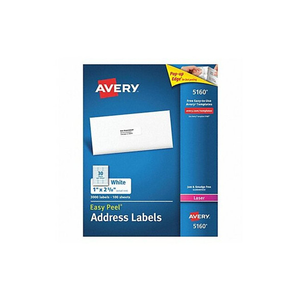 Laser Label, 2 5/8 in Label W, 1 in Label H, 30 Labels per Sheet White