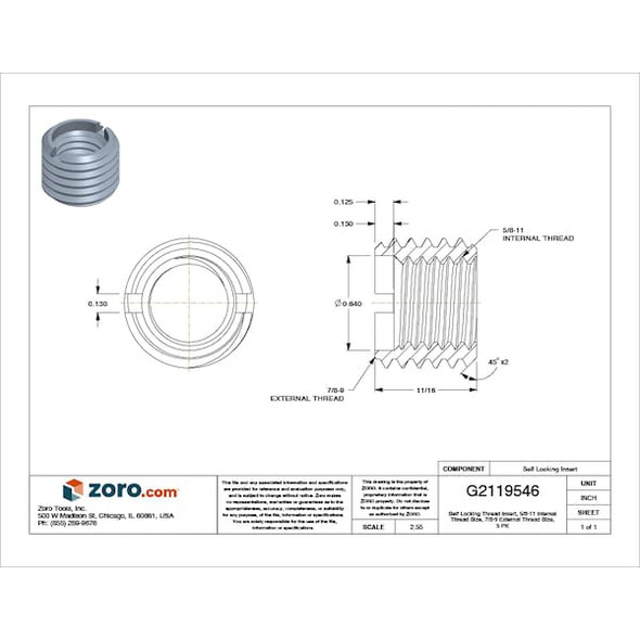Heavy Wall Self Locking Thread Insert, 5/8"-11 Int Thrd Sz, 18-8 Stainless Steel, 5 PK