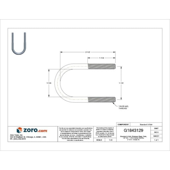 Round U-Bolt, 1-4"-20, 1 1-4 in W, 2 1-2 in H, Plain Stainless Steel  S60700UB00
