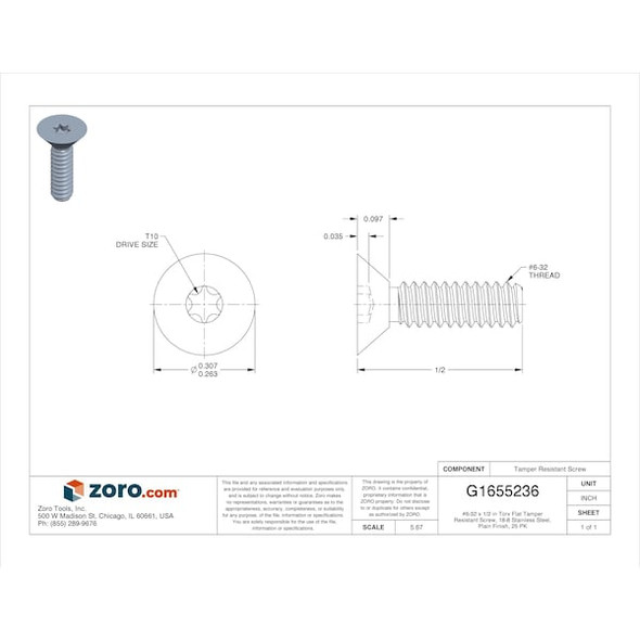 #6-32 x 1/2 in Torx Flat Tamper Resistant Screw, Plain Finish, 18-8 Stainless Steel, 25 PK