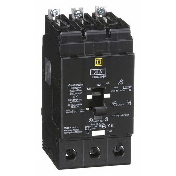 Square D Circuit Breaker,30A,Bolt On,277/480V,3P EDB34030