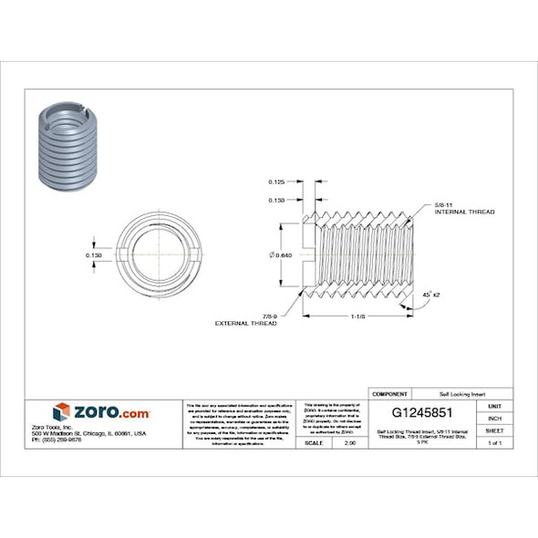 E-Z Lok Thread Insert,5/8-11x1 1/8 L,Pk5 329-1018-PK5