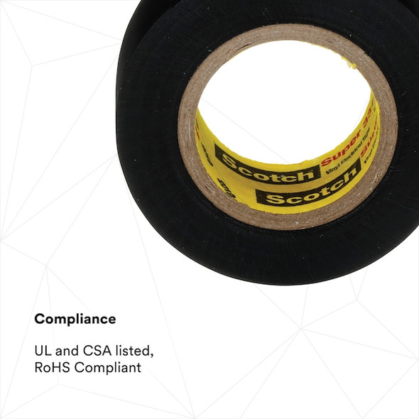 Vinyl Electrical Tape,3/4 in W x 20 ft L, 7 mil Thick, Black, Scotch Super 33+, 10 Pk