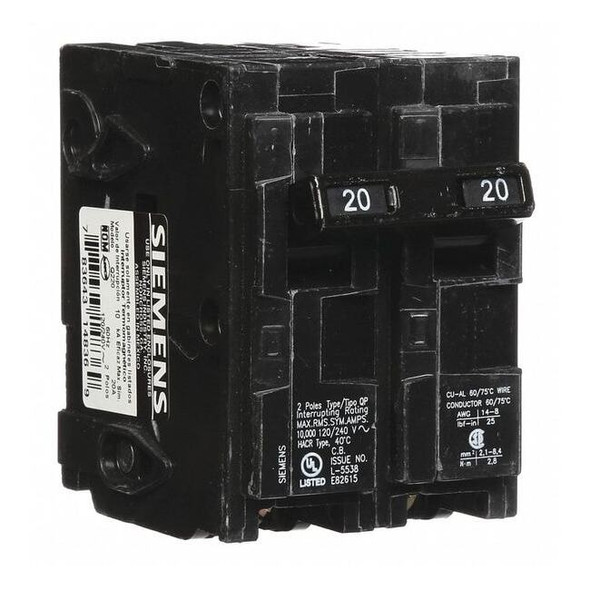 Miniature Circuit Breaker, Q Series, 20A, 2 Pole, 120/240V AC, 10kA at 120V AC