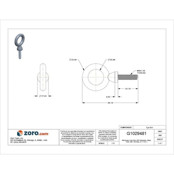Eye Bolt With Shoulder, M8-1.25, 31.7 mm Shank, 25 mm ID, Steel, Plain