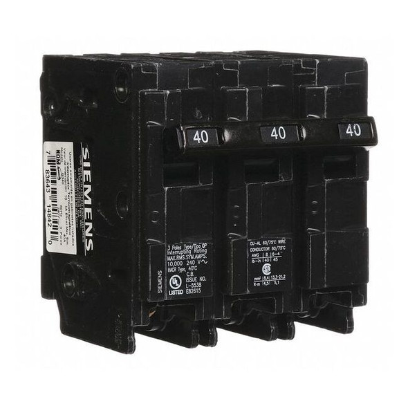 Miniature Circuit Breaker, Q Series, 40A, 3 Pole, 240V AC, 10kA at 120V AC