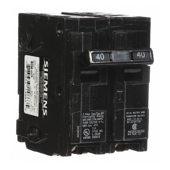 Miniature Circuit Breaker, Q Series, 40A, 2 Pole, 120/240V AC, 10kA at 120V AC