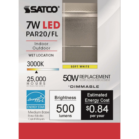 Satco 50W Equivalent Warm White PAR20 Medium Dimmable LED Floodlight Light Bulb S29406 508413