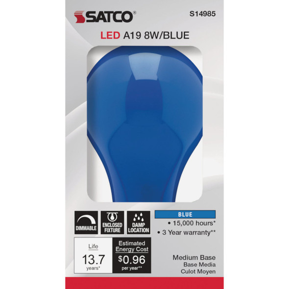 Satco Nuvo 60W Equivalent Blue A19 Medium LED Party Light Bulb S14985 526529