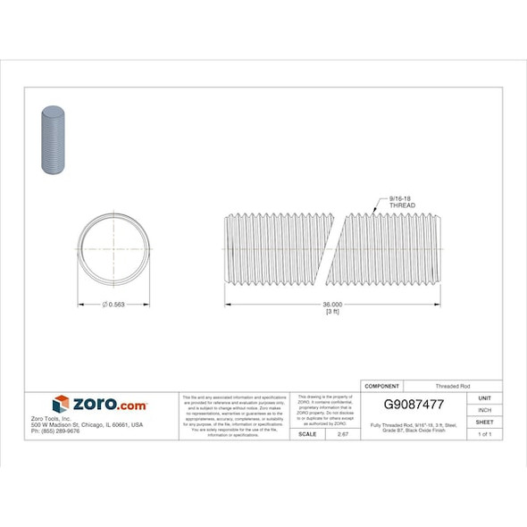 Fully Threaded Rod, 9/16"-18, 3 ft, Steel, Grade B7, Black Oxide Finish
