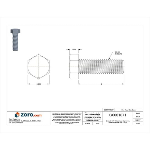 Grade 5, 5-8"-11 Hex Head Cap Screw, Black Oxide Steel, 2 in L, 5 PK  U01000.062.0200