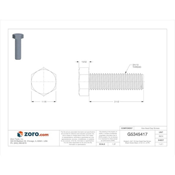 Grade 5, 3-4"-10 Hex Head Cap Screw, Black Oxide Steel, 2-1-2 in L, 5 PK  U01000.075.0250