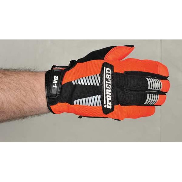 I-Viz(R) Hi-Vis Mechanics Gloves, Synthetic Leather Palm, Nylon, Spandex Back, M, Orange