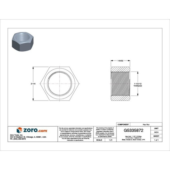 Hex Nut, 1-1-2"-12, Steel, Grade 8, Black Oxide, 1-9-32 in Ht, 5 PK  U04180.150.0002