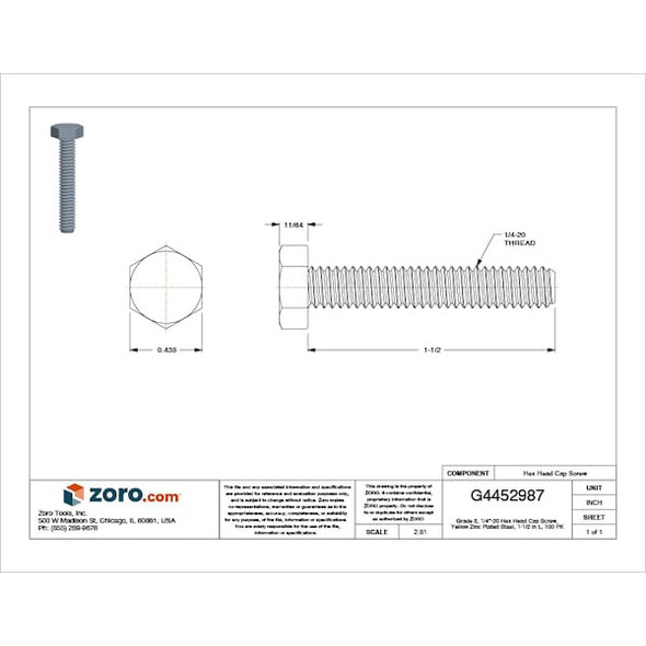 Grade 8, 1/4"-20 Hex Head Tap Bolt, Zinc Yellow Steel, 1-1/2 in L, 100 PK
