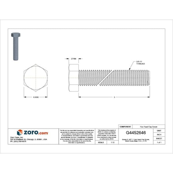 Grade 8, 5-8"-11 Hex Head Tap Bolt, Black Oxide Steel, 5 in L, 5 PK  U04110.062.0500