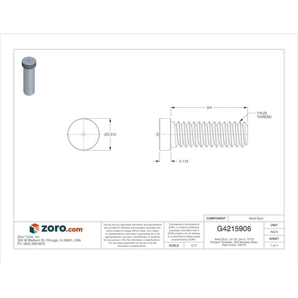 Weld Stud, 1/4"-20, 3/4 in, TFTS Flanged Threaded, 18-8 Stainless Steel, Plain Finish, 100 PK