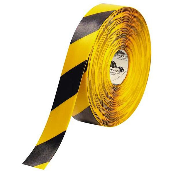 Mighty Line Floor Marking Tape, Rubber, Striped, Black, Yellow, 2 in W. 2RYCHV