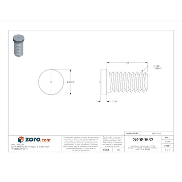 Weld Stud, 1/4"-20, 1/2 in, TFTS Flanged Threaded, 18-8 Stainless Steel, Plain Finish, 100 PK
