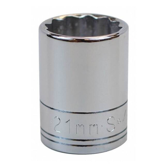 1/2 in Drive, 21mm Metric Socket, 12 Points,  Steel, Chrome, 21 mm