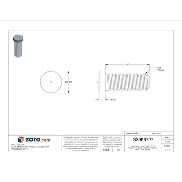 Weld Stud, #10-32, 1/2 in, TFTS Flanged Threaded, 18-8 Stainless Steel, Plain Finish, 100 PK