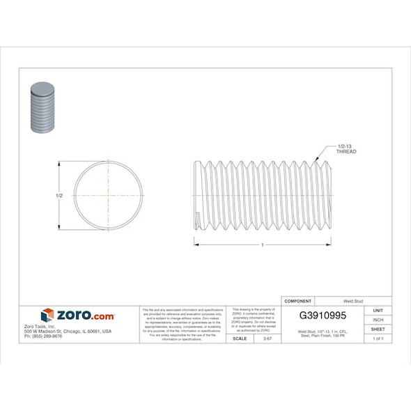 Nelson Stud Welding NELSON 1" Drawn Arc Weld Stud,PK100 101-010-177-G100