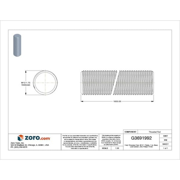 Fully Threaded Rod, M12-1.75mm, 1 m, Steel, Grade 2, Zinc Plated Finish  2377