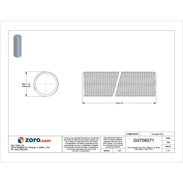 Fully Threaded Rod, M8-1.25mm, 1 m, Steel, Grade 2, Plain Finish  17903