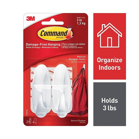 Command Hook, White, Plastic, 1 1/8 in D, PK2 17081