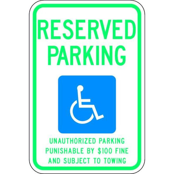 Handicap Parking Sign, 12" W, 18" H, English, Aluminum, Blue, White