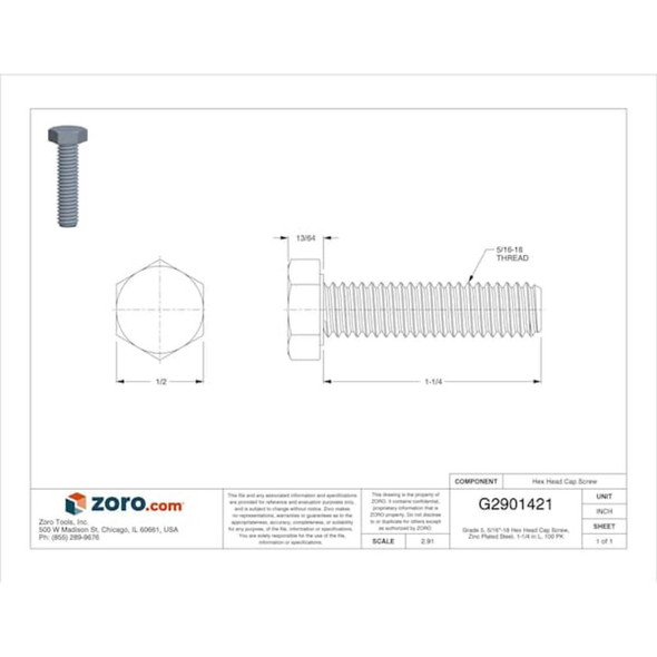 Grade 5, 5-16"-18 Hex Head Cap Screw, Zinc Plated Steel, 1-1-4 in L, 100 PK  U01200.031.0125