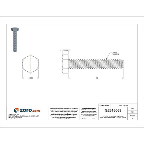 18-8, 1-4"-20 Hex Head Tap Bolt, Plain Stainless Steel, 1-1-2 in L, 100 PK  U51010.025.0150