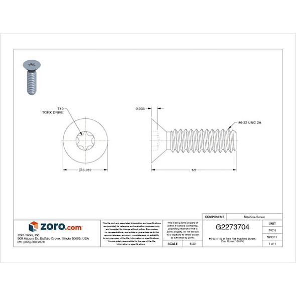 Tamper-Pruf Screws #6-32 x 1/2 in Torx Flat Machine Screw, Zinc Plated Steel, 100 PK 400540